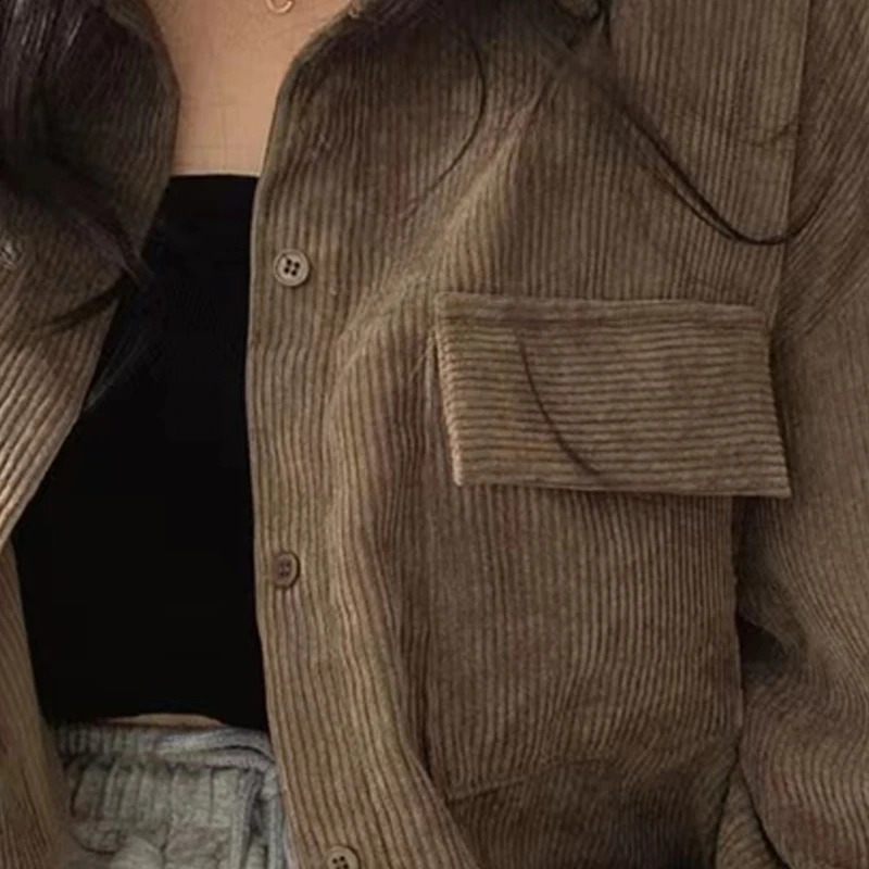 Autumn Retro Versatile single chest transit collar long sleeved womens casual coffee jacket pocket loose 250228