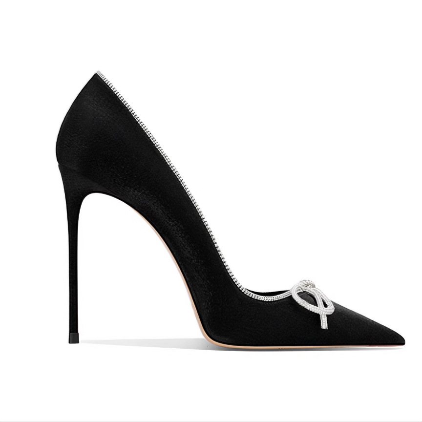 Genuine Leather Sheepskin 2024 New Black Bow Pointed Thin Heel High-Heeled Shoes For Women With Shallow Mouth, Versatile And Stylish