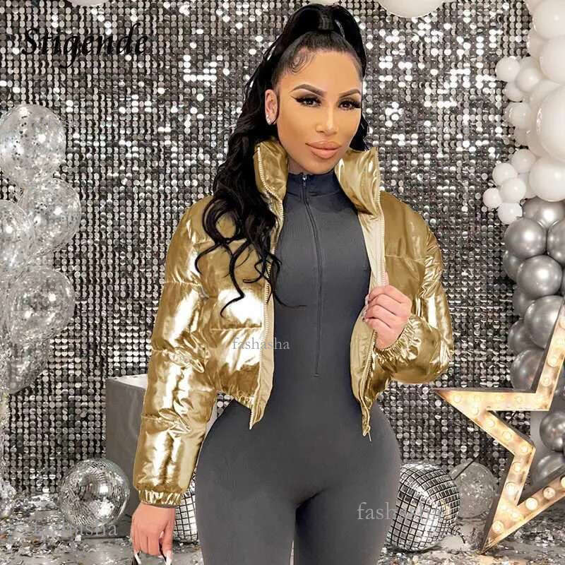 Parkas Womens Down Stigend Shiny Cotton Pad Gold Coat Womens Winter Warm Zipper Crop Top Patch Work Clothes Puffer Parka Coat Womens Vest Y24101