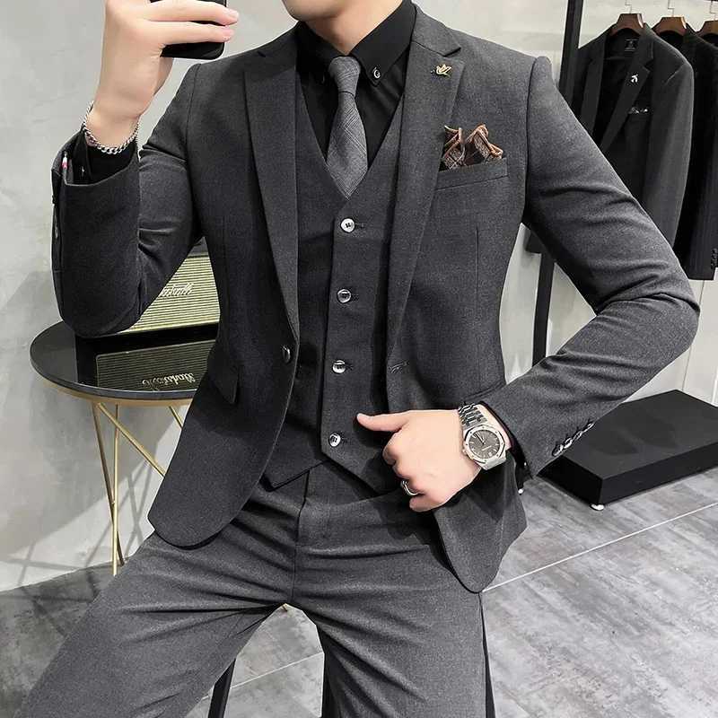 (Jacket+Tank Top+Pants) High end Brand Boutique Fashion Solid Color Mens Casual Business Set 3-Piece Groom Wedding Dress M250303
