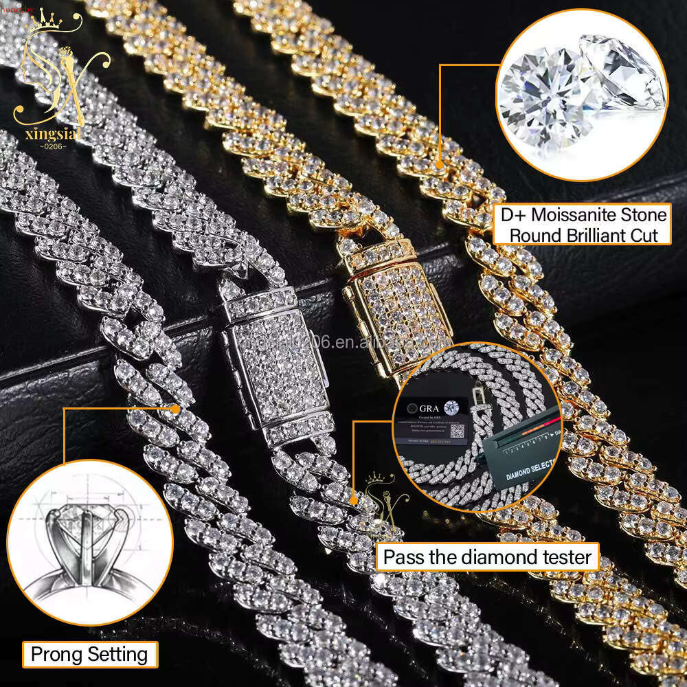 Hiphop Jewelry Men Women Necklace Sier Gold Plated Iced Out 8mm Dia Moissanite Cuban k Chain