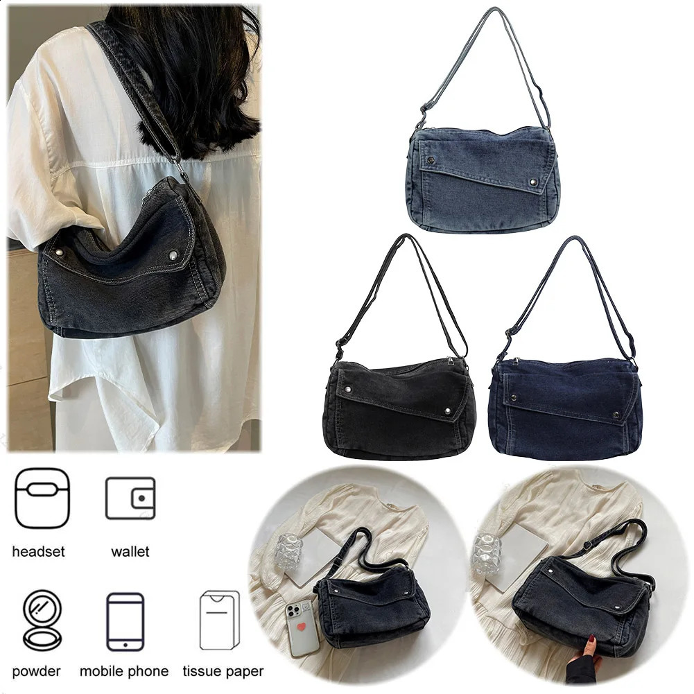 Ship from US Denim Messenger Bag Casual Retro Women Tote Lightweight Aesthetic Crossbody Handbag with Adjustable Strap Jean Purses 250303FBB