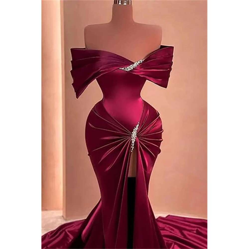 Customized Off Shoulder Satin Prom Dresses Side Slit Mermaid Beaded Long Formal Evening Gowns For Women With Train Pleated Dress