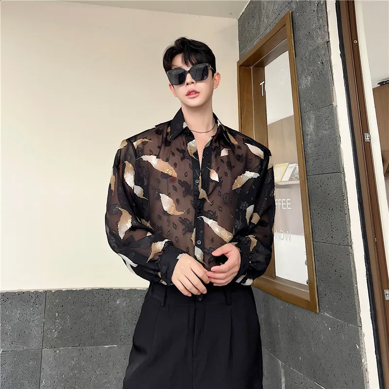 Mens Sexy Feather Hollowed Out Shirt Mens Lapel Long Sleeved Transparent Clothing Streetwear Casual Loose Trendy Tops 250224