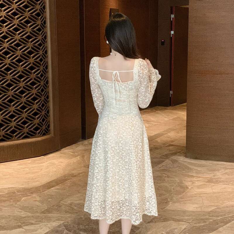 Elegant French Women Square Collar Prom Party Midi Dress New Spring 3D Ral Dias Flare Sleeve Hollow Out Lace Up Clothes