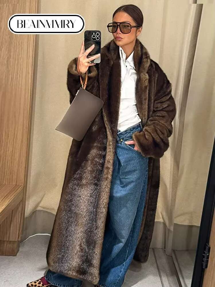 Dark Brown Faux Fur Overcoat Women Elegant Fashion Long Sleeves Oversized Jacket New Winter Chic Thick Warm High Streetwear
