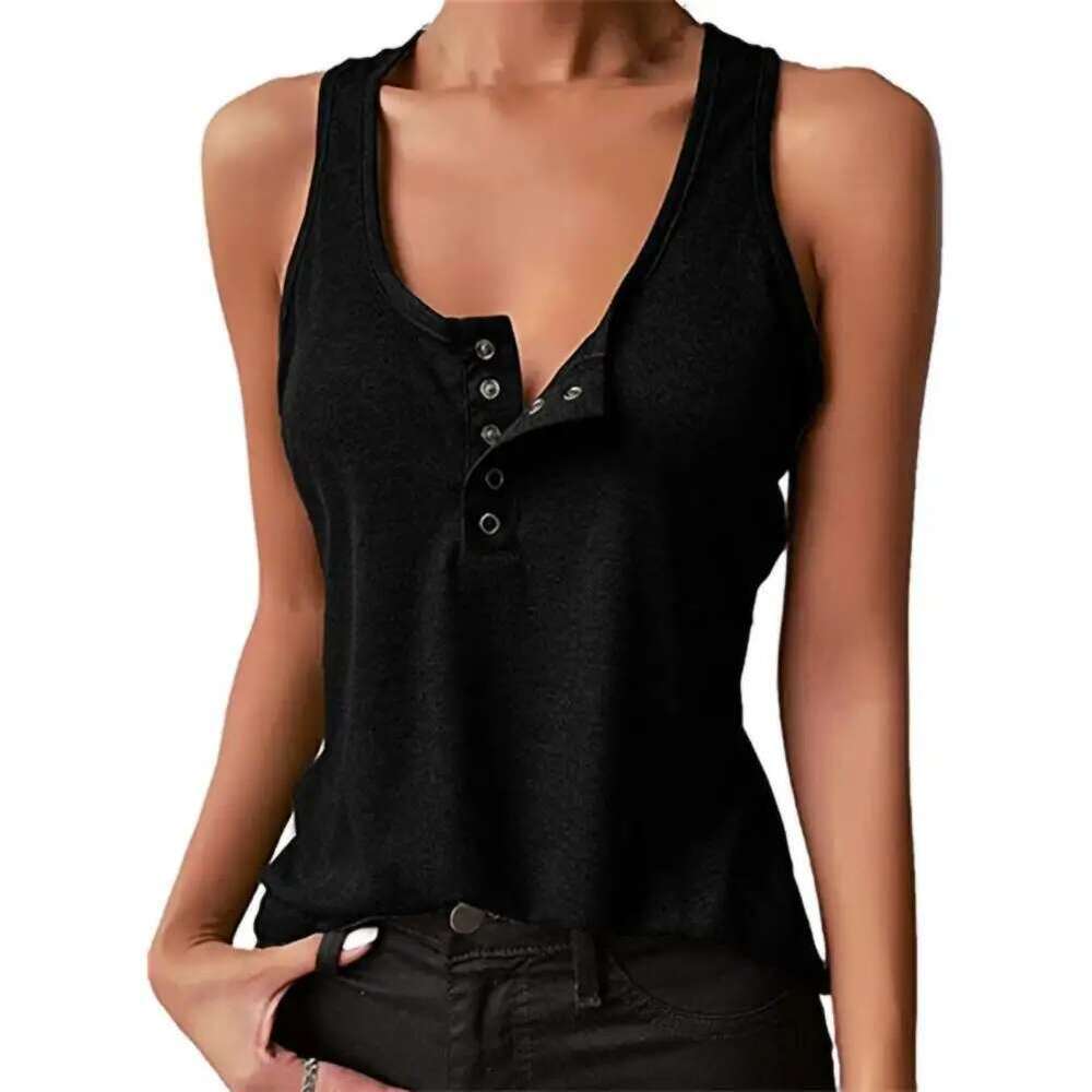 Tops U Women's Neck Women Tank Vest Snap Buttons Ribbed Camisole Summer Loose-fitting Stretchy T-shirt For Fiess 2025