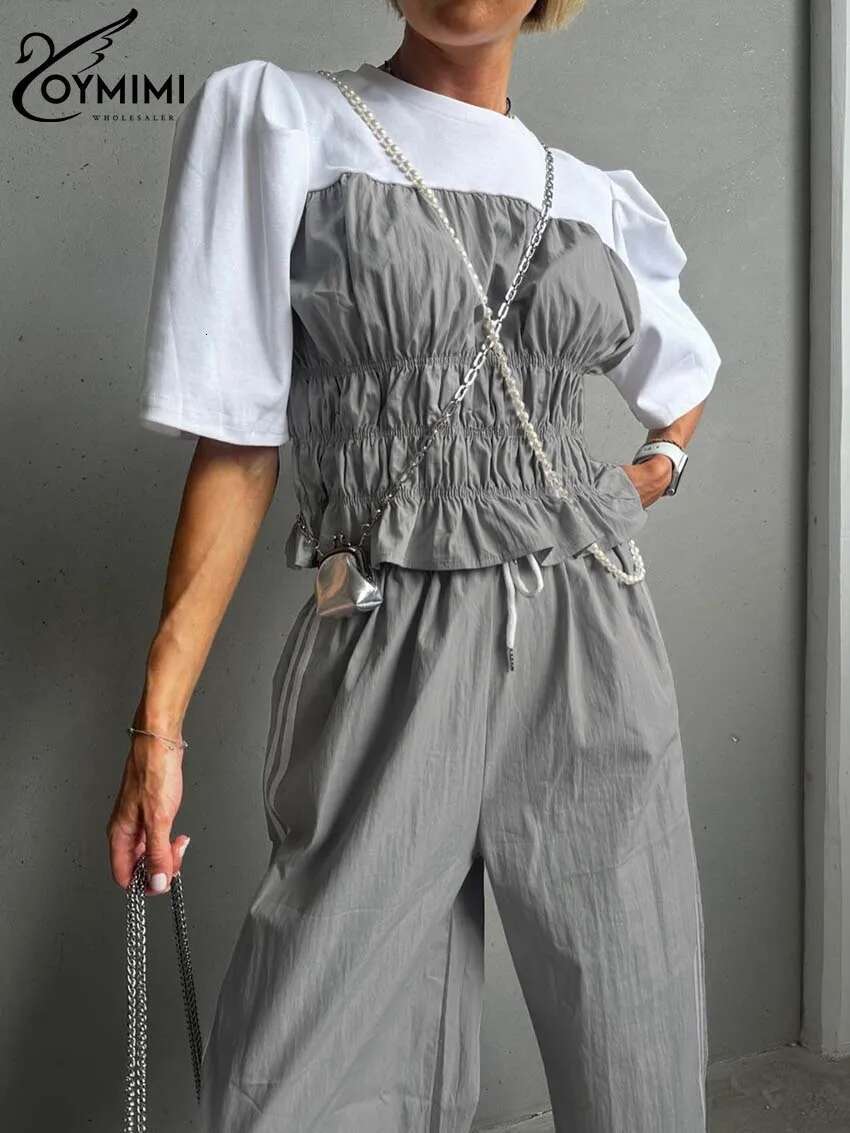 Oymimi Casual Grey Patchwork For Women 2 Pieces Fashion O-Neck Short Sleeve Blouses And Drawstring Straight Trousers Sets