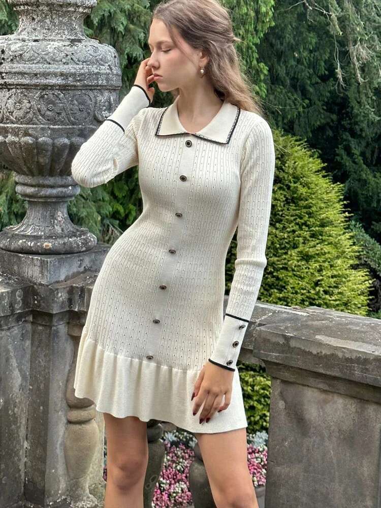 Winter Knitted Long Sleeve Black Turn-Down Collar Slim Single Breasted Autumn Elegant Dress Streetwear