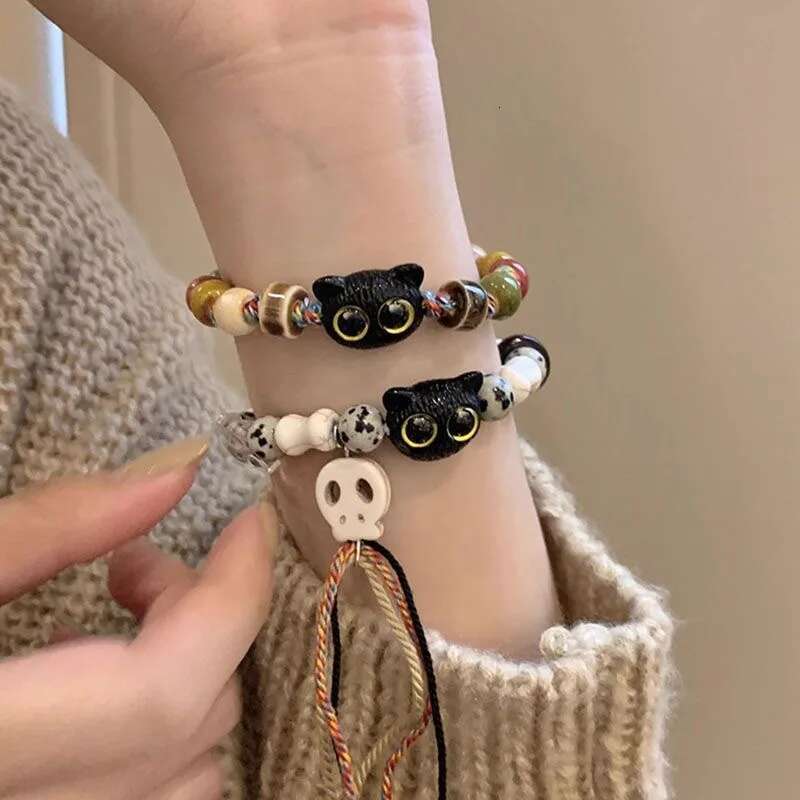 1/2PCS Tassels Big Eye Cat Bracelets for Women Men Sweet Cool Skull Ceramic Beaded Bracelet Aesthetic Party Jewelry Accessories