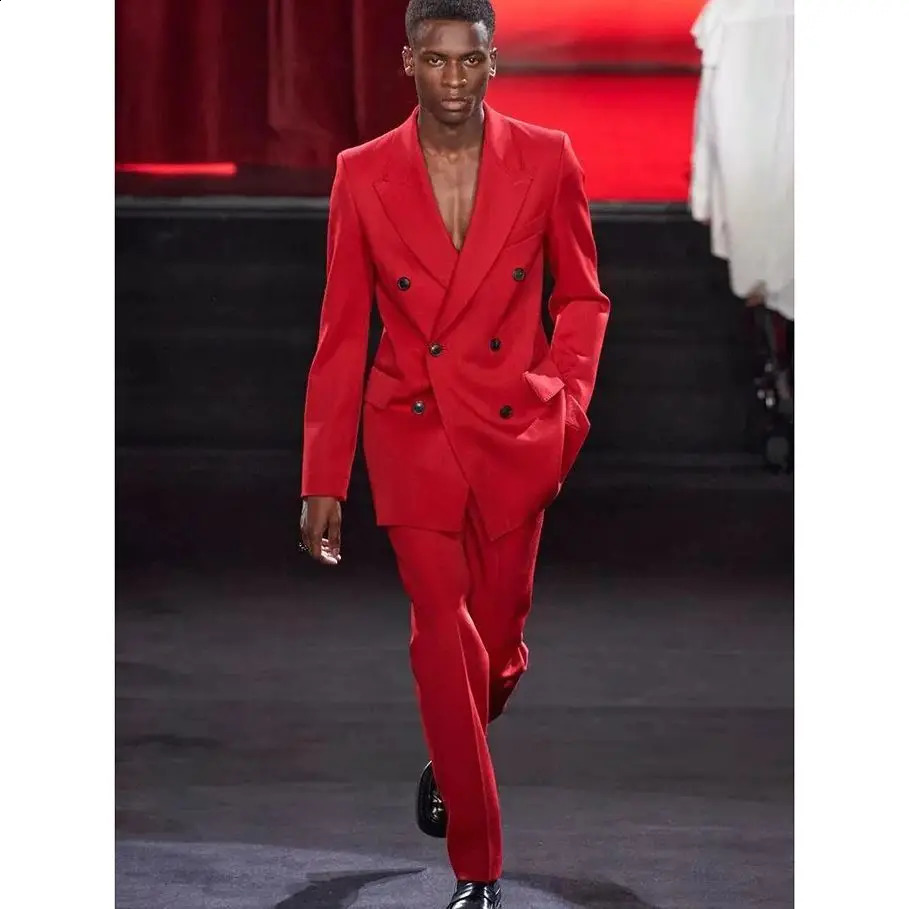 Red Men Suit TwopiecesJacketPants Handsome Highquality Double Breasted Lapel Male Clothing costume homme 250224Z