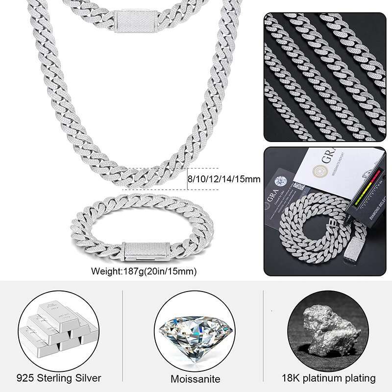 New 8-20mm S Sterg Sier Setting Cuban VVS Moissanite k Miami Chain Necklace For Men Singer Style Rap Hip Hop Jewelry