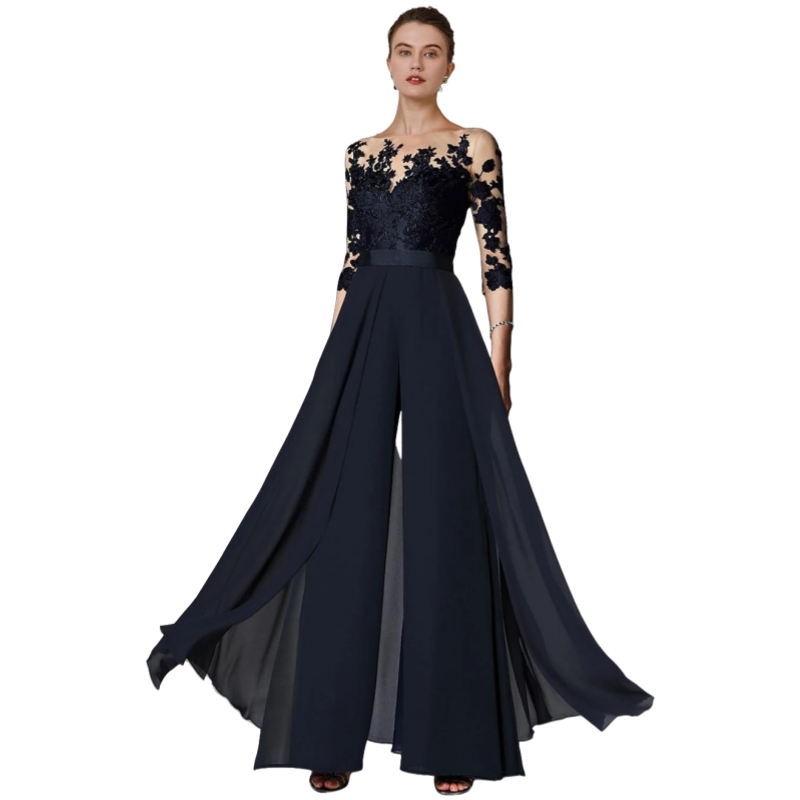 Simple Chiffon Mother Of The Bride Pants Suits With Detachable Skirt Lace Appliques Half Sleeves Long Wedding Party Jumpsuit For Women 2025 Prom Forma