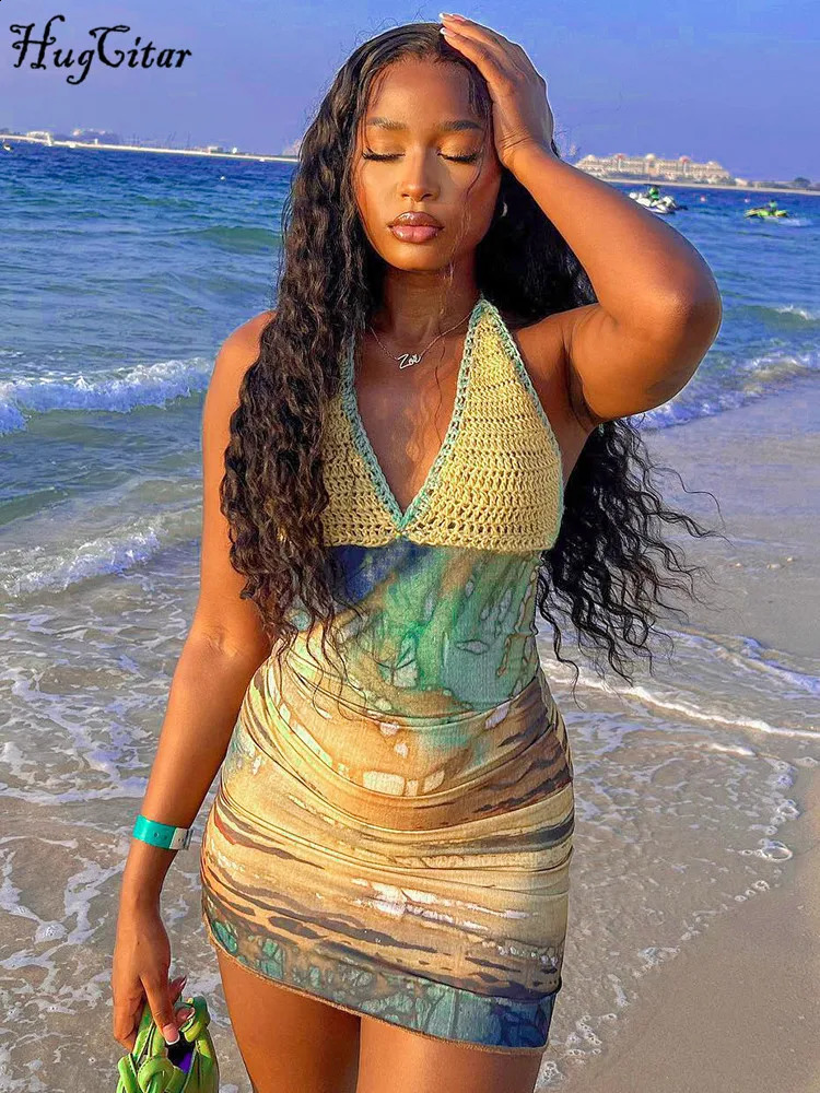 Hugcitar Spring Halter Knitted Scenery Print Backless Lace Up Sexy Mini Dress Women Fashion Clothes Beach Vacation Party 250228