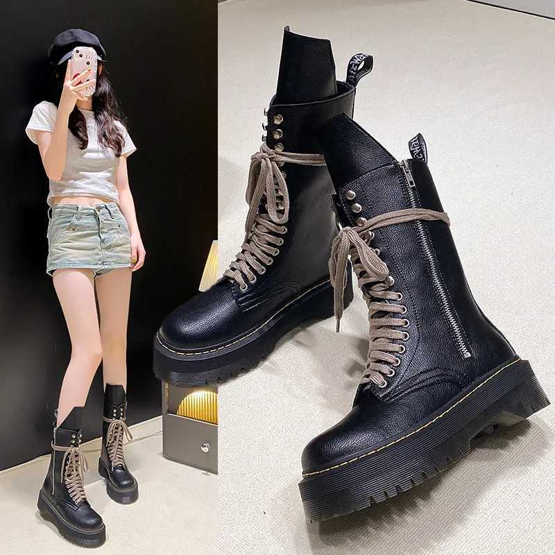 Luxury Thick Sole Womens British Style 2024 Spring and Autumn New Fashion Boots Thin and Tall Mid Barrel Motorcycle Short Boots Z250303