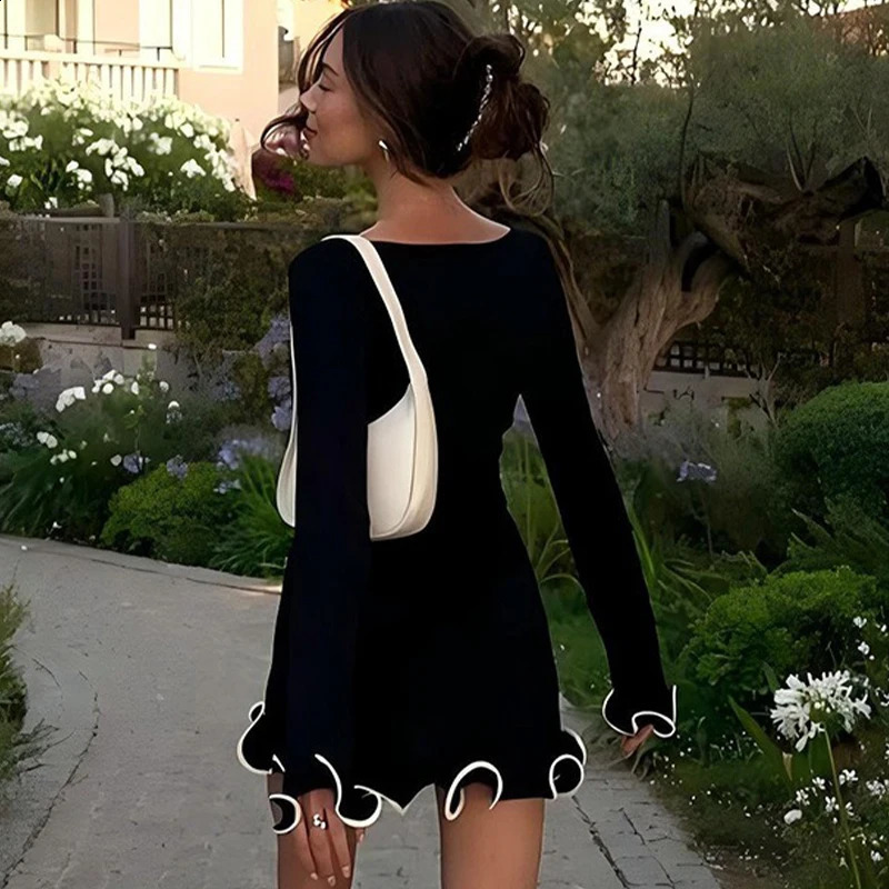 womens dress elegant round neck pleated long sleeved casual slim fit pink sexy black short skirt street chic party 250228