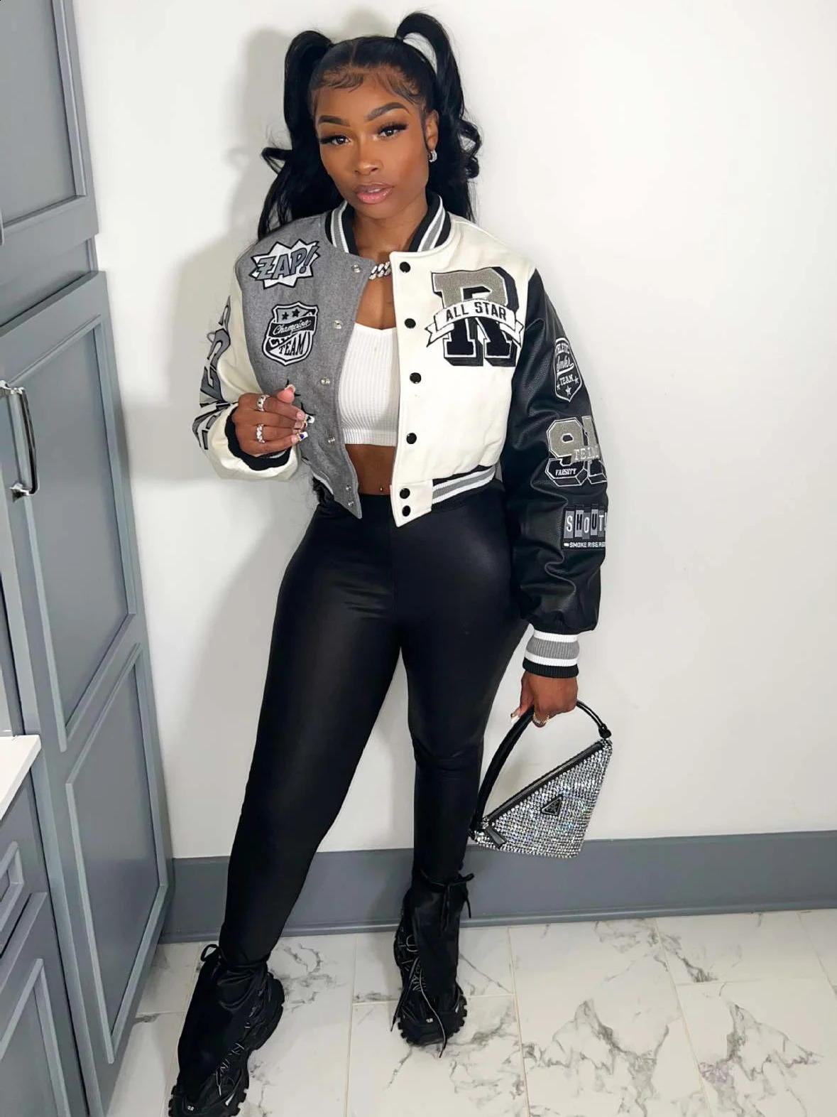 Varsity Jacket for Women Fall Winter Print Patchwork Long Sleeve Buttons Streetwear Racing Bomber Jackets Top Y2k 250228