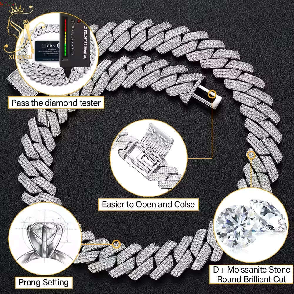 sial Custom 3 Rows 16mm 18mm 20mm S Sier Necklace iced Out Hip Hop VVS Moissanite Baguette Cuban k Chain For Men