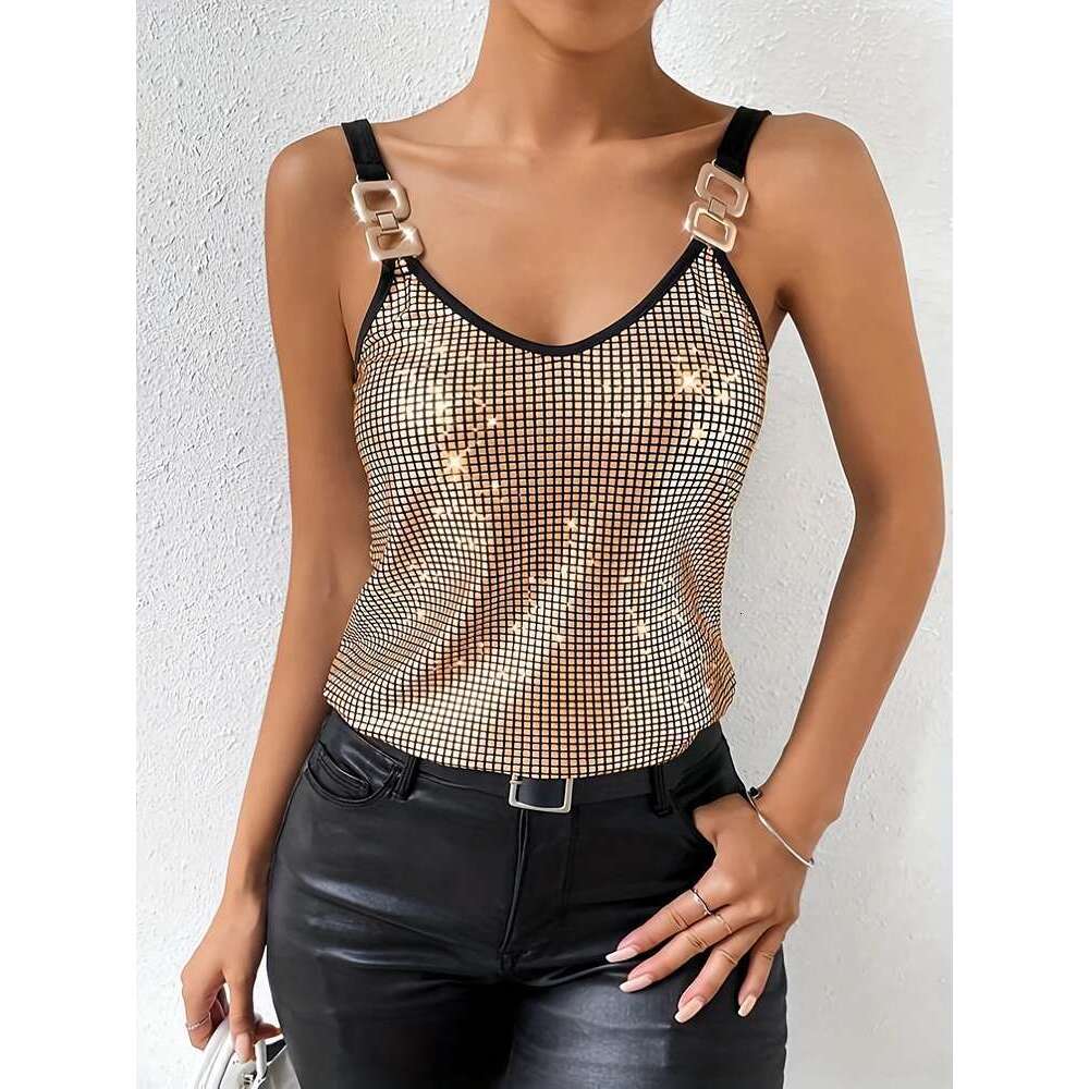 Nightclub Sleeveless Sequined Top,Tanks & Sexy Tank Top,White Tops Clothes Y2k For Women &