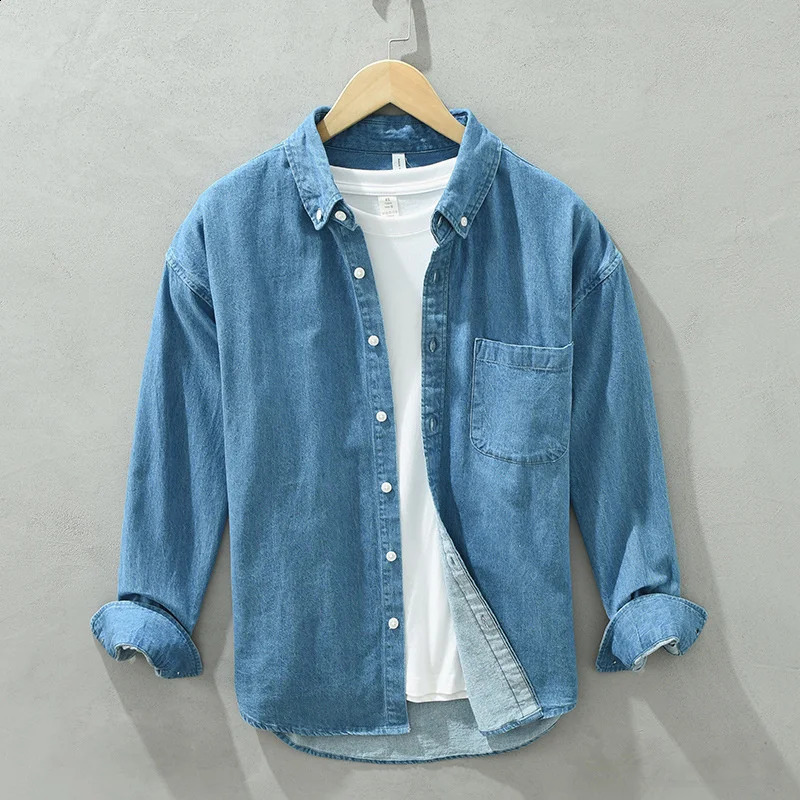 4413 Cotton 100 Vintage Denim Shirt Men Turndown Collar Retro Outerwear Mens Long Sleeve Loose Casual Shirts Spring 250226