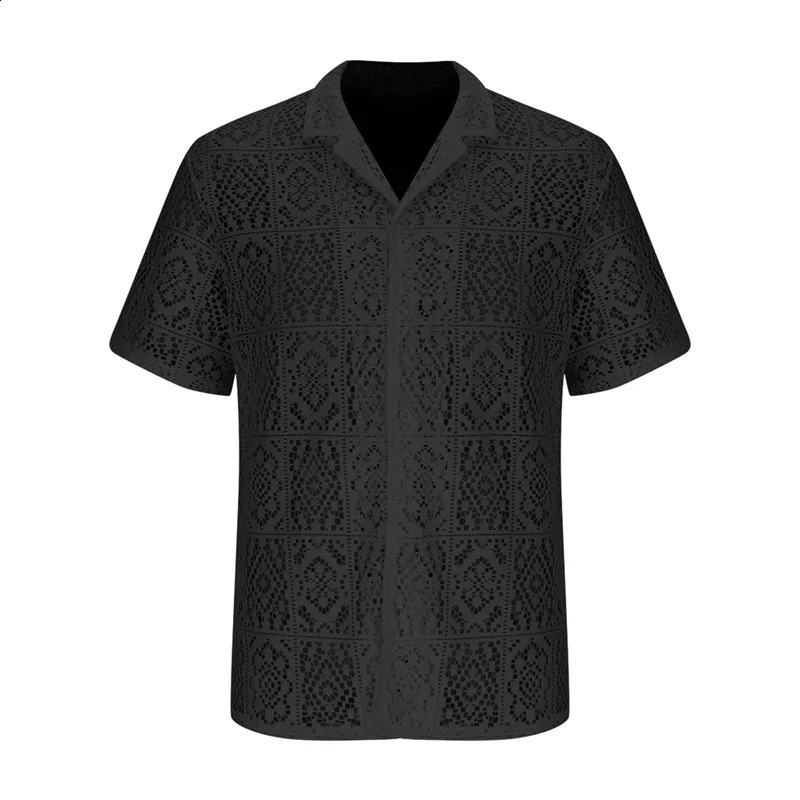 Mens Casual Short Sleeve Button Down Lace Shirts with Lapel Collar Hollow Out Solid Color Loose Fit Tops 250224