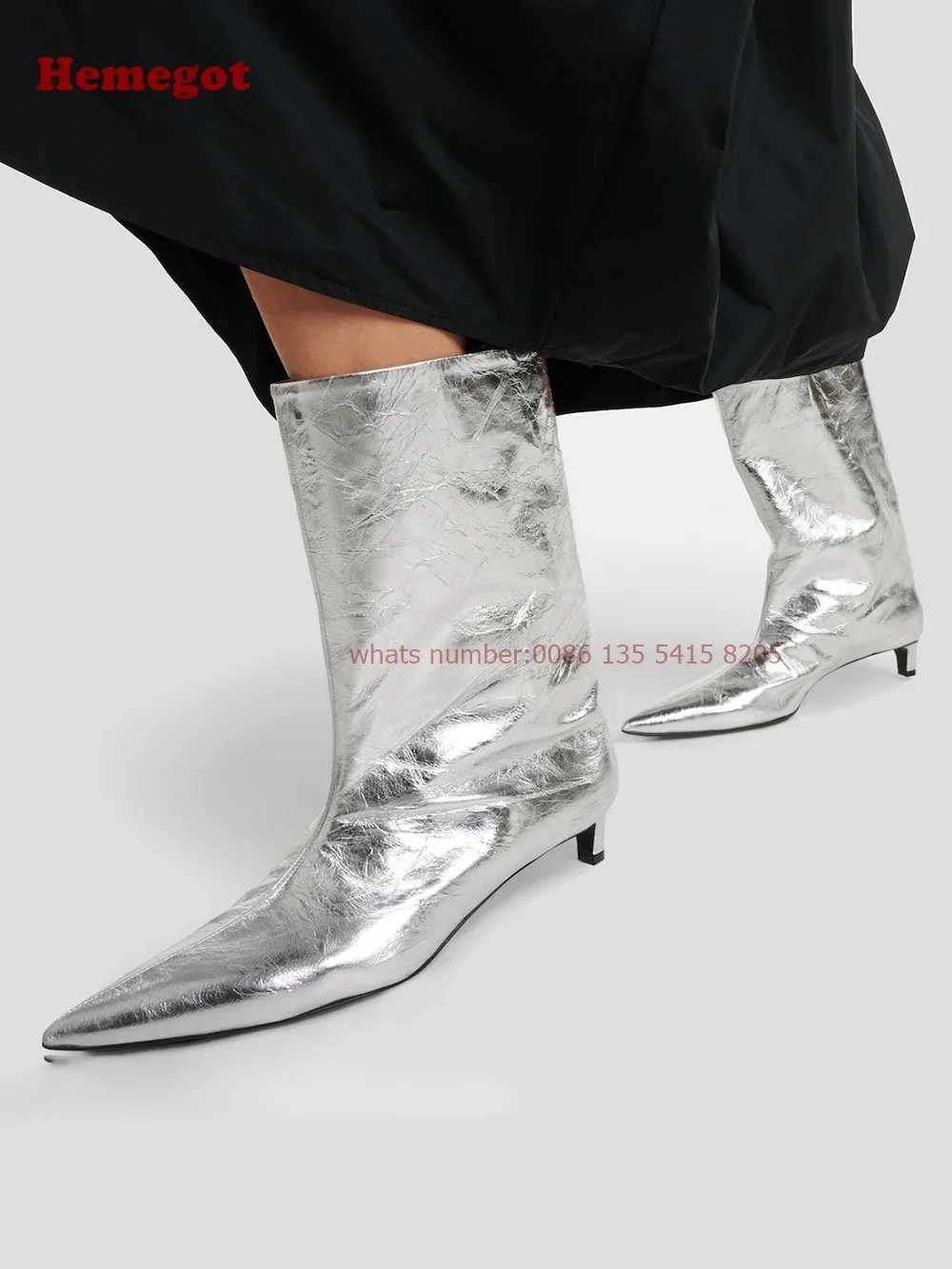 Pointed Toe Slip On Womens Boots Silver Metallic Kitten Heels Mid-Calf Boots Winter Newest Brand Luxury Runway Shoes Solid 43 Z250303