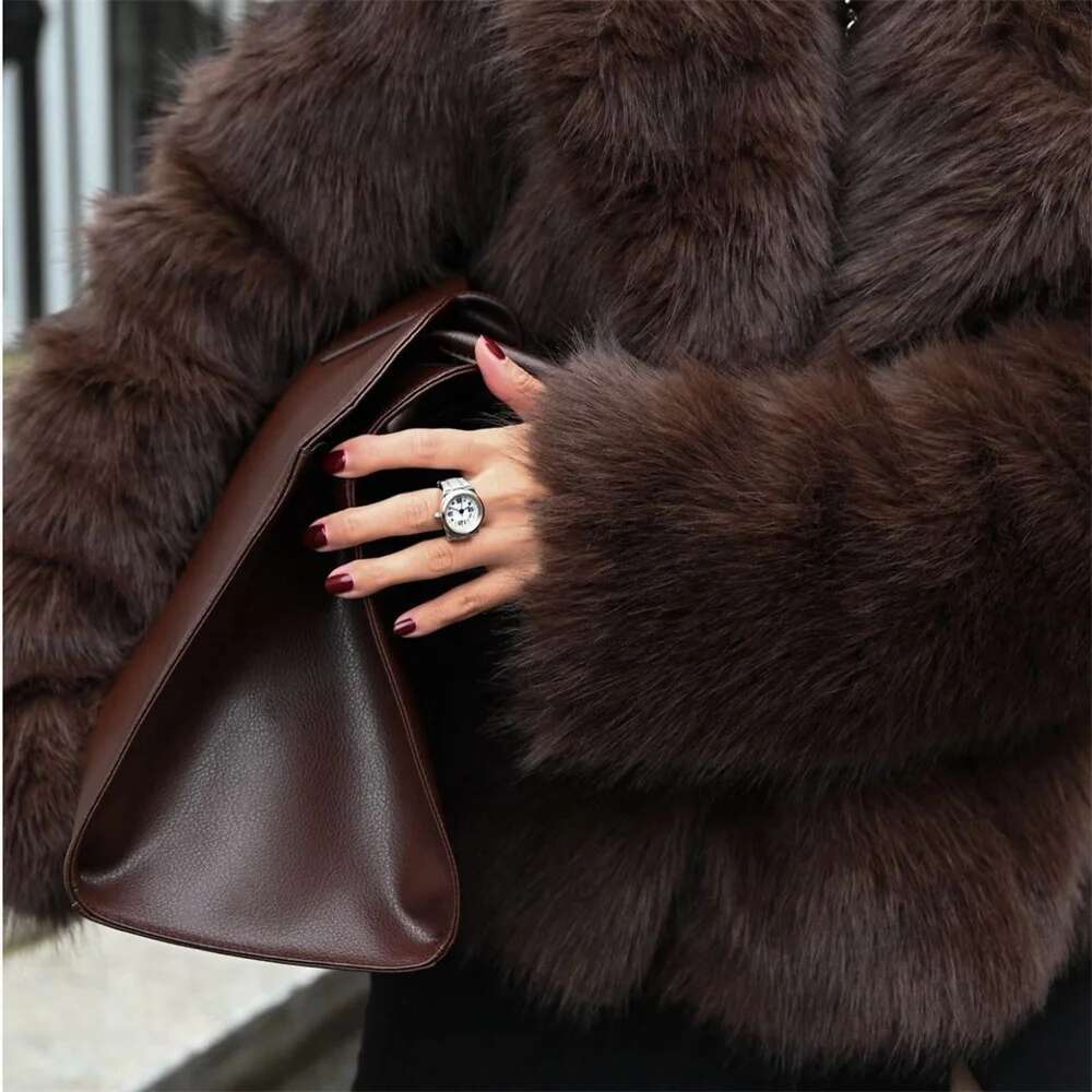 Fashion Girls Brown Fluffy Short Faux Fox Jacket Women Winter 2024 Hot Brand Thick Warm Eco Fur Coat Female
