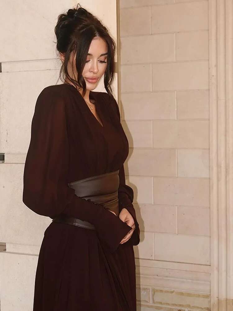 Elegant Retro Solid Color Fashion V Neck Split Dresses Autumn New Women's Party Long Sleeved A-E Dress