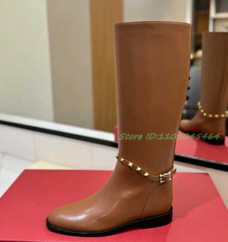 BlackBrown Flat Leather Knee High Boots Soft Womens Round Toe 2024 Winter Pull on Long Boot Luxury Designer Shoes Z250303