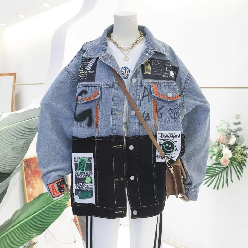 Autumn Winter Creative Patchwork Graffiti Pattern Denim Coat Spliced Jeans Jacket Cowboy Cardigan Crop Tops Chaquetas 250228