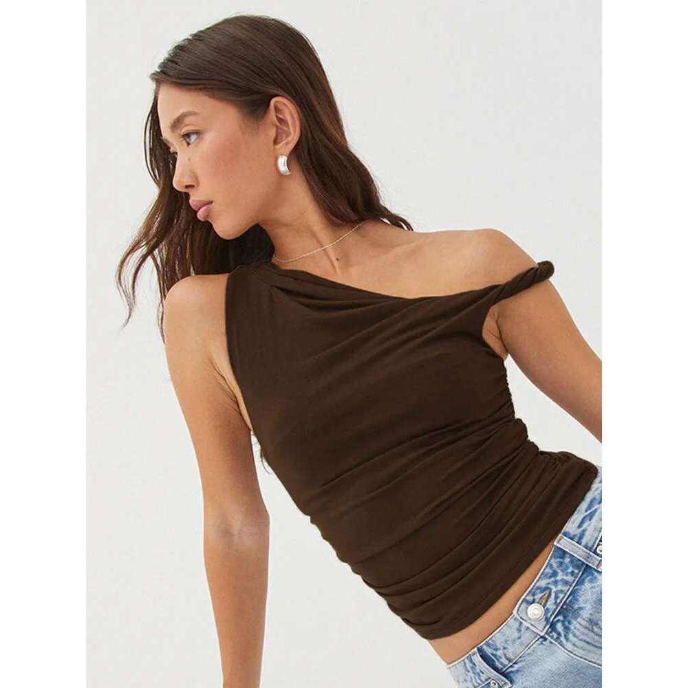 Basic Women's Simple Casual Summer Sleeveless Tank Top Solid Color Off-Shoulder Side Ruched Crop Vest Spring Fashion T-Shirt