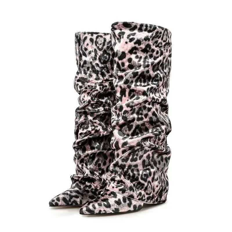 European and American Fashion Wedge Sheepskin Pattern Sleeve Knee High Pleated Boots for Womens Sexy Leopard Print Boots Z250303