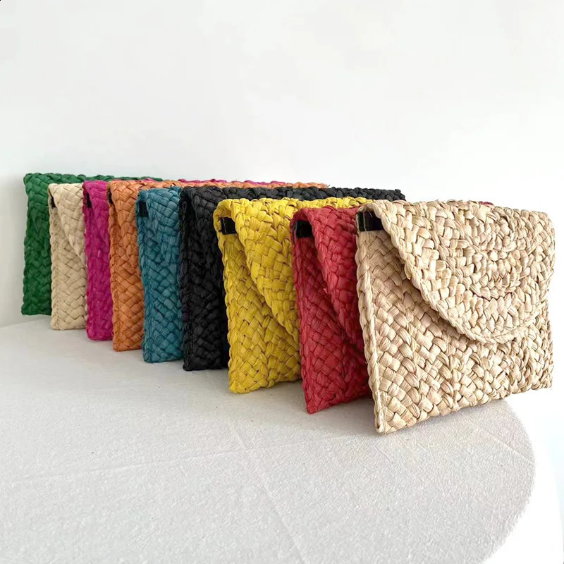 Fashion Beach Purse Women Summer Bag Envelope Woven Clutch Solid Color Large Capacity Storage Corn Husk Straw Hand 250227