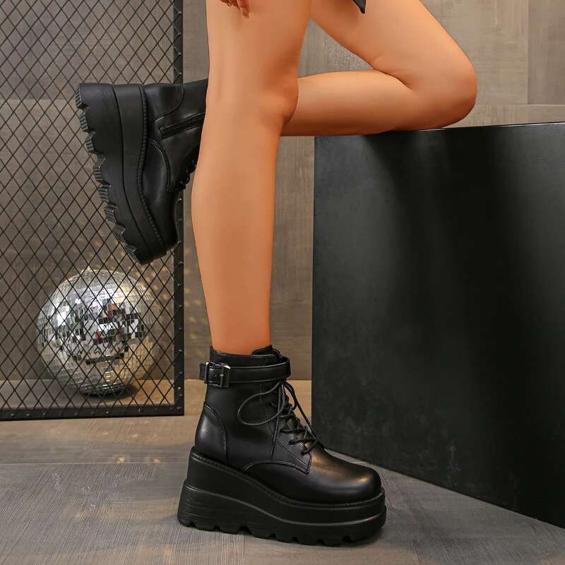 NEW Punk 2025 Style Women Lace-up heel height 9CM Platform Shoes Gothic Ankle Rock Boots Metal Decor Woman Sneakers