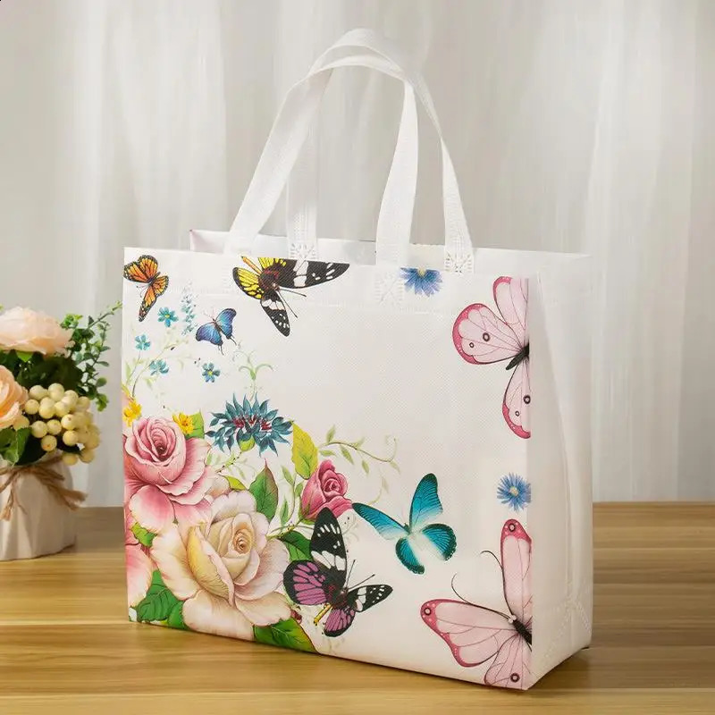 Flower Print Grocery Shopping Bag Nonwoven Fabric Eco Travel Takeaway Storage Folding Reusable Pouch 250221
