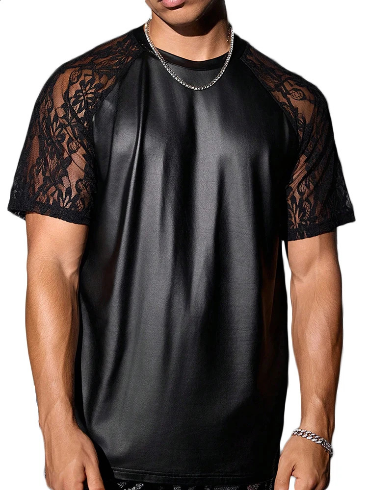 Nightclub Mens Leather T Shirts Sexy Florals Embroidery Mesh Short Sleeve T-shirt Men Spring Summer Trendy Patchwork O Neck Tee 250224