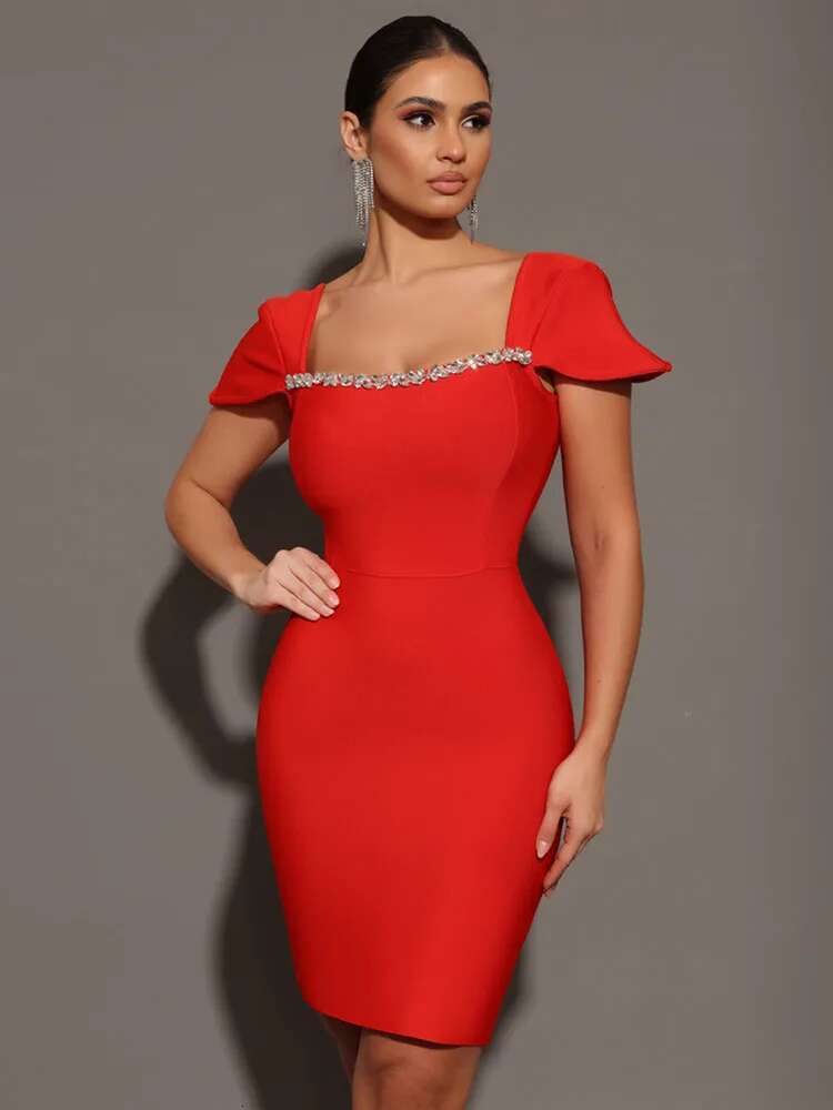 Women Celebrity Sexy Square Collar Black Red Mini Bodycon Bandage Dress 2024 Knitted Elegant Evening Club Party Outfit