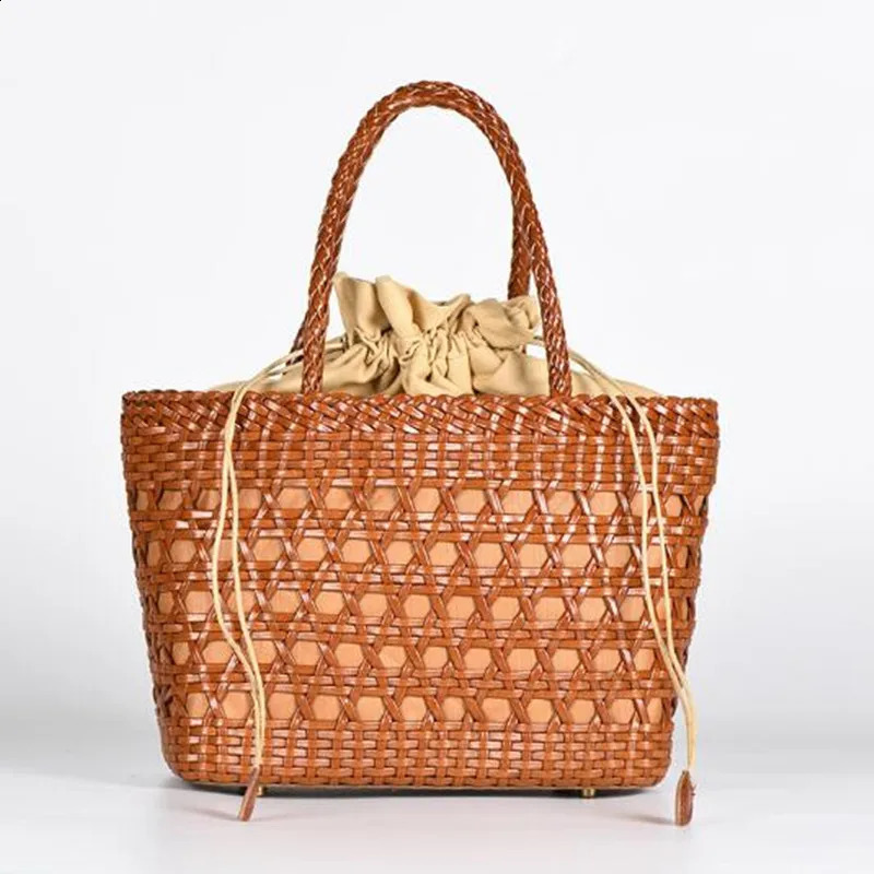 2024 Womens Genuine Leather Woven Shoulder Bag with Inner Bag Weaving Casual Shopping Bag Vintage Tote Purse 250305