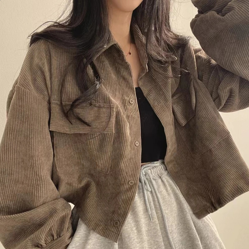 Autumn Retro Versatile single chest transit collar long sleeved womens casual coffee jacket pocket loose 250228
