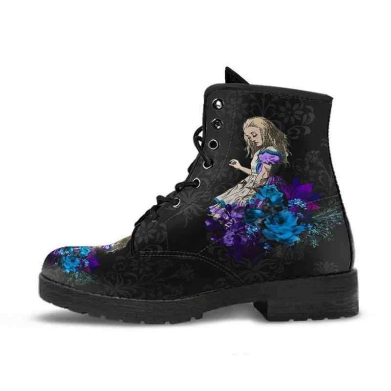 Womens Autumn Short Boots British Style Tooling Boots Skull Print Flower High-top Ladies Ankle Boots Vintage Boots Femme Winter Z250303