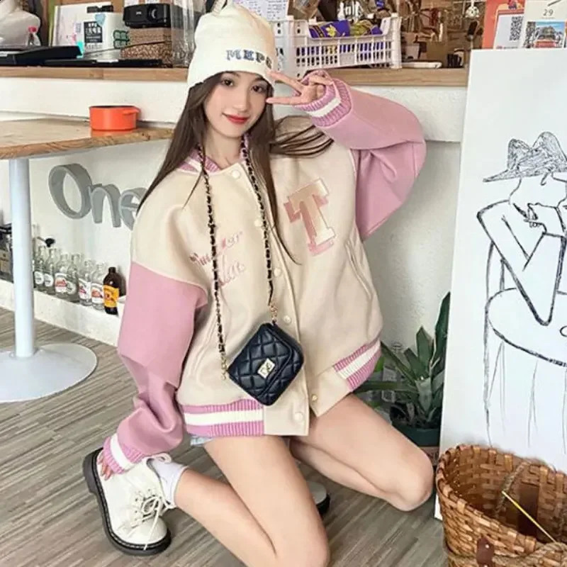 Pink womens baseball jacket Y2k streetwear Korean fashion super large university bomber autumn loose 250228