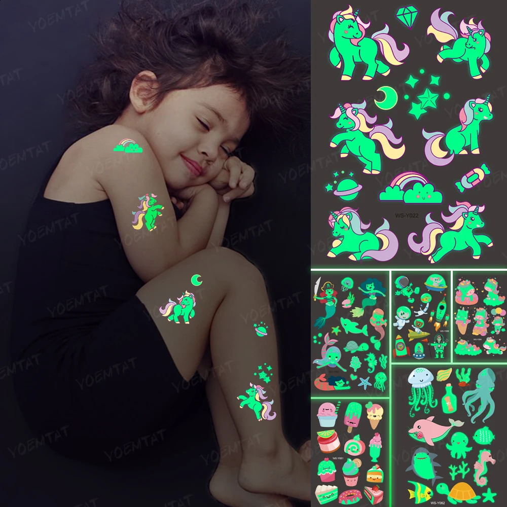 Childrens luminous tattoo stickers unicorn stars temporary waterproof tattoos body art childrens Halloween cartoon 250219