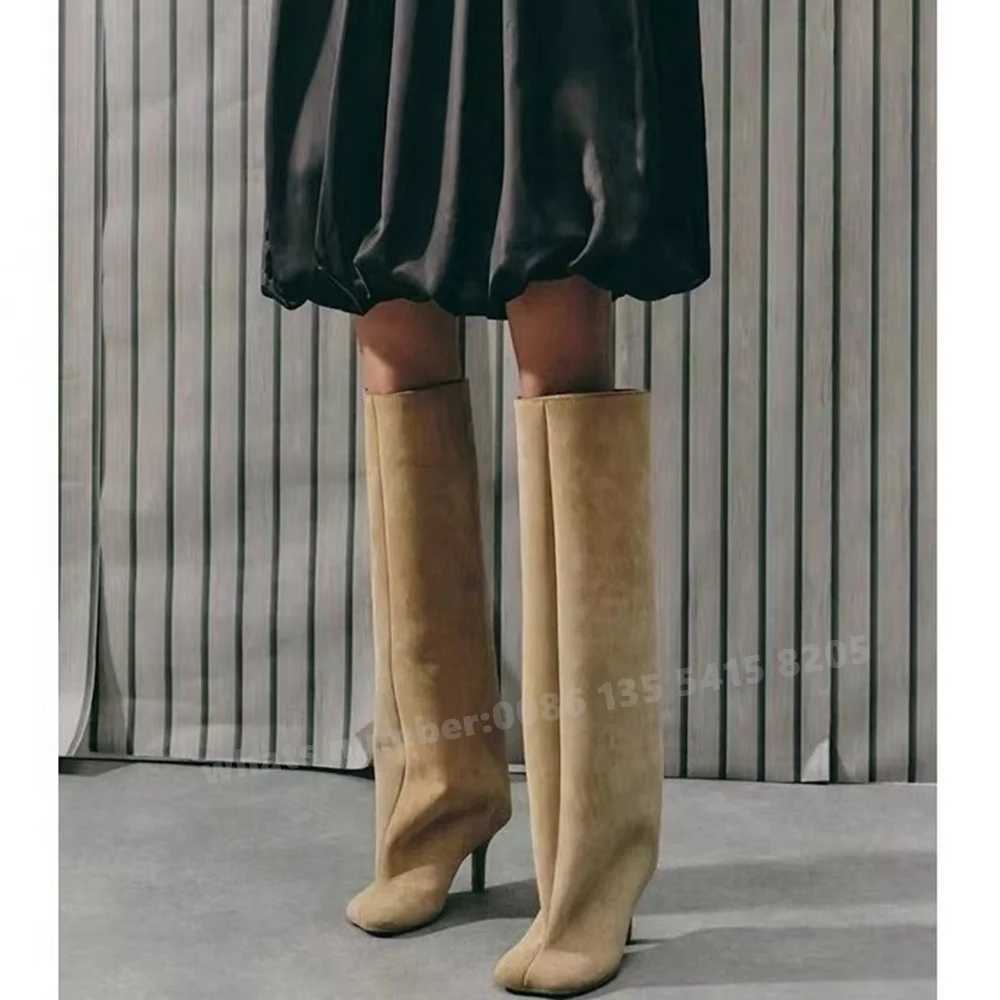 Suede Kitten Heels Knee High Boots Beige Square Toe Slip On Solid Winter Womens Boots Luxury New Designer Casual Shoes Big Size Z250303