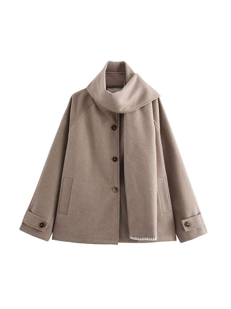 Premium Scarf Trimmed Button Long Sleeve New Solid Colour Fashion Tweed Jacket Temperament Women's Clothing