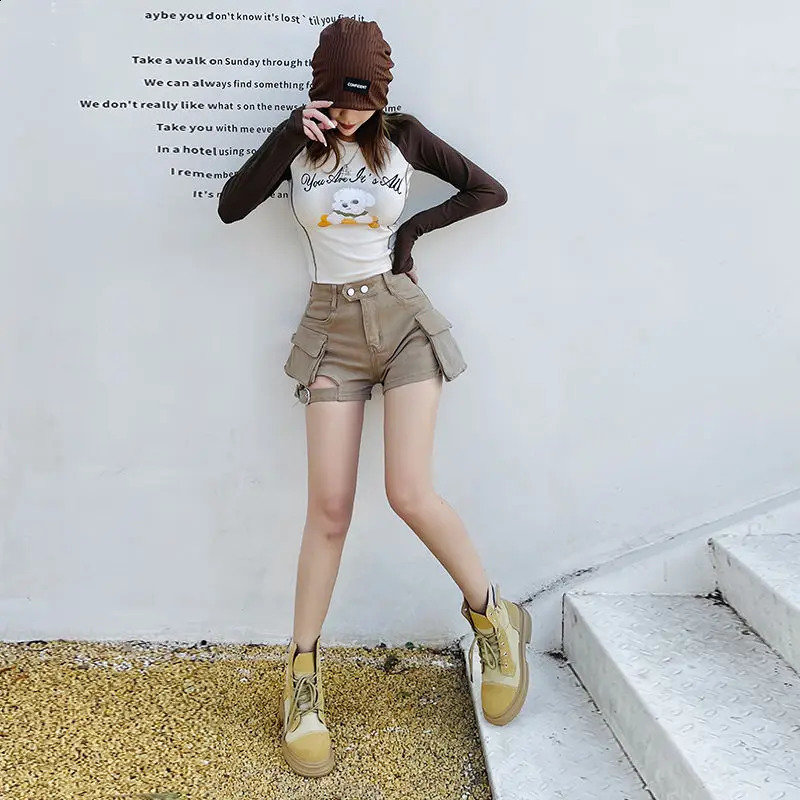 High Waisted Cargo Khaki Chic Pockets Jeans Shorts Sexy Girl Summer Clothes for Women 250303 XJ260206