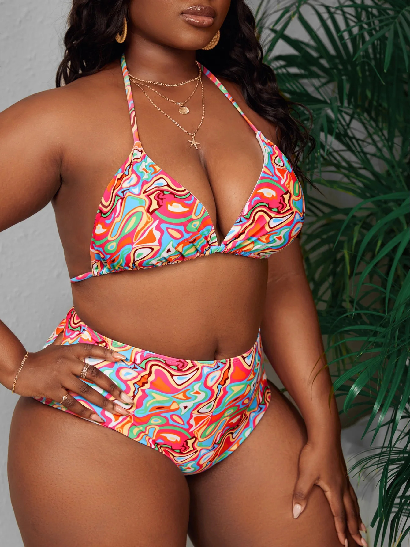Womens bikini set 2024 summer plus size printed bandage twopiece swimsuit sexy beach 250211