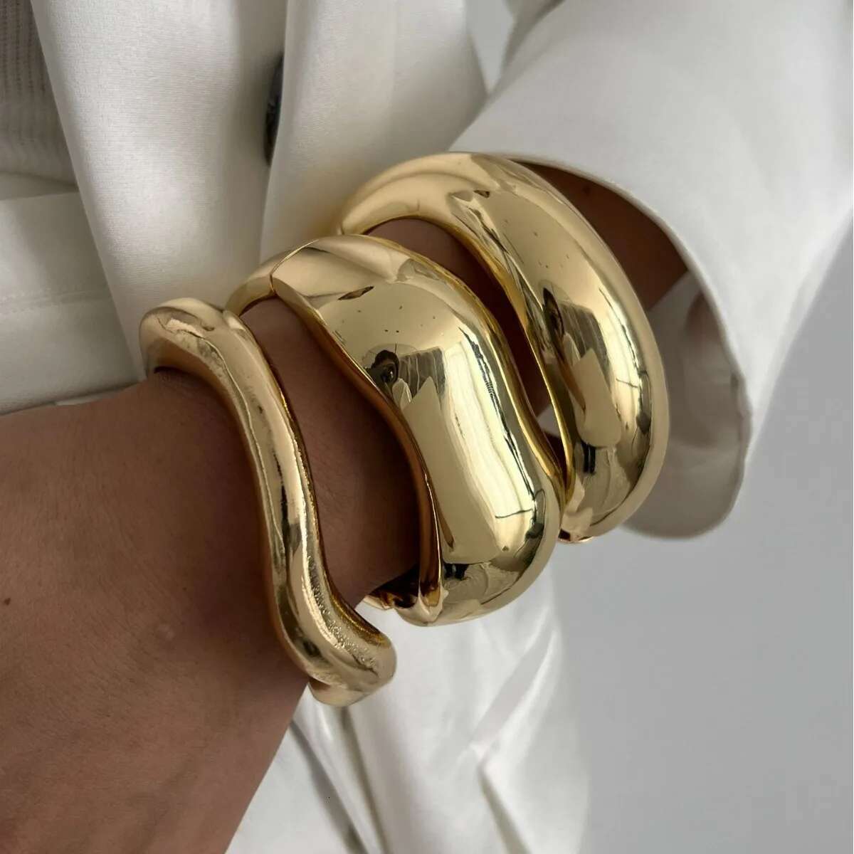 Vintage Wide Cuff Hip Hop Punk Gold Sier Color Geometric Metal Spring Bangles For Women Bracelets Men Jewelry