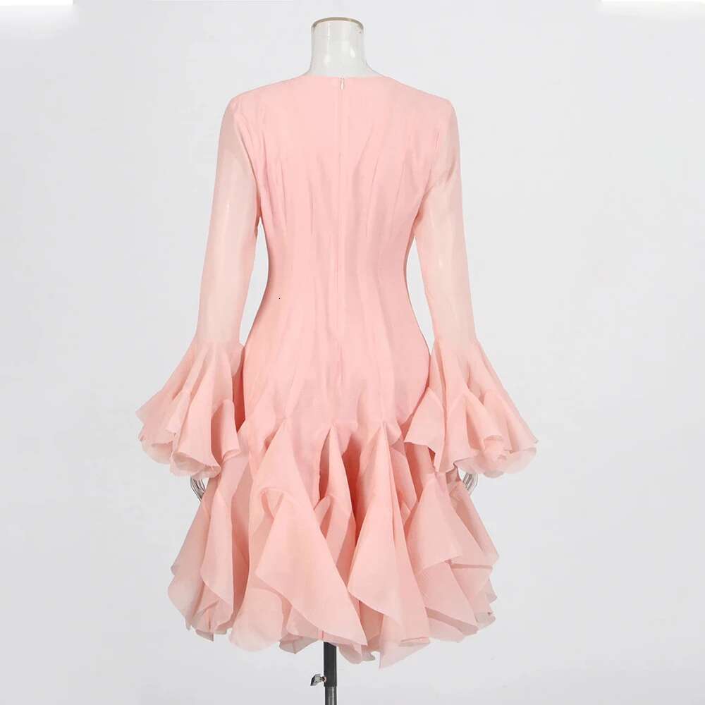 TWOTWINSTYLE Women's Dress Irregular Pleated Patchwork Fashion Long Lantern Sleeve Waist Cinching Mini Dresses 2024 New Clothing