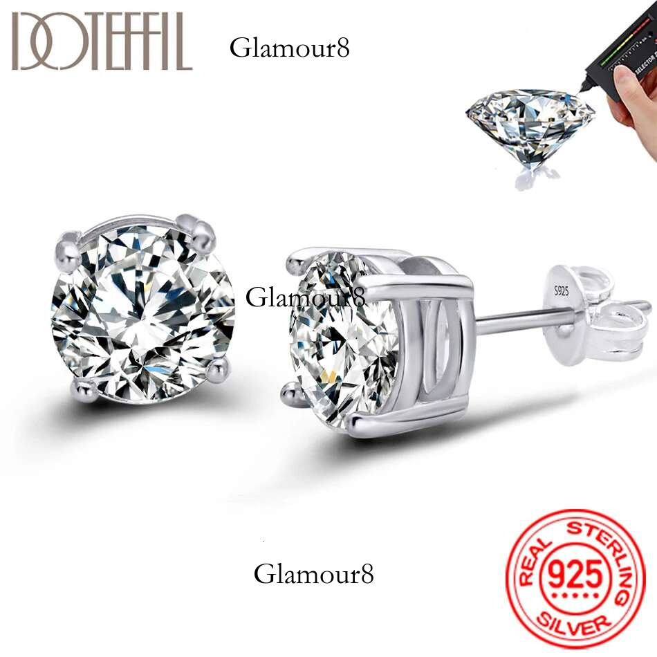 DOTEFFIL 2 Carat 8.0mm D Color Moissanite Stud Earrings For Women Top Quality 100% Sterg Sier Sparkg Wedding Jewelry