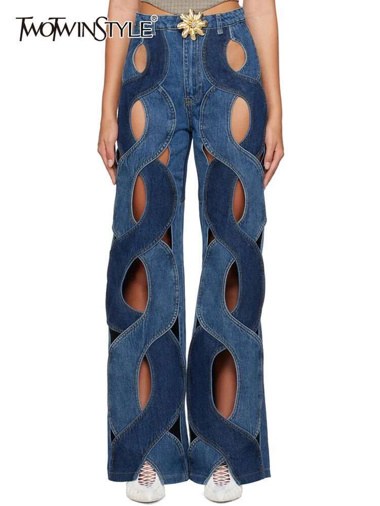 TWOTWINSTYLE Hollow Out Chic Jeans For Women High Waist Patchwork Ral Temperament Vintage Jean Female Fashion Style Clothing